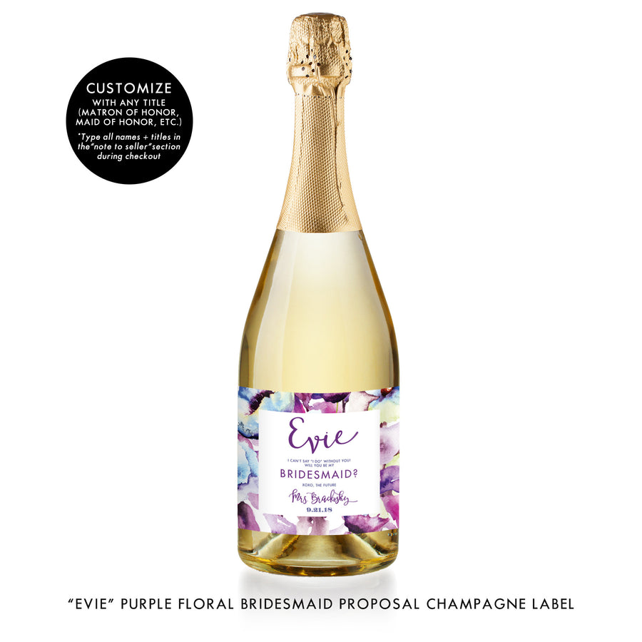 "Evie" Purple Floral Bridesmaid Proposal Champagne Labels