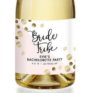 "Evie" Gold Glitter + Pink Bachelorette Party Champagne Labels