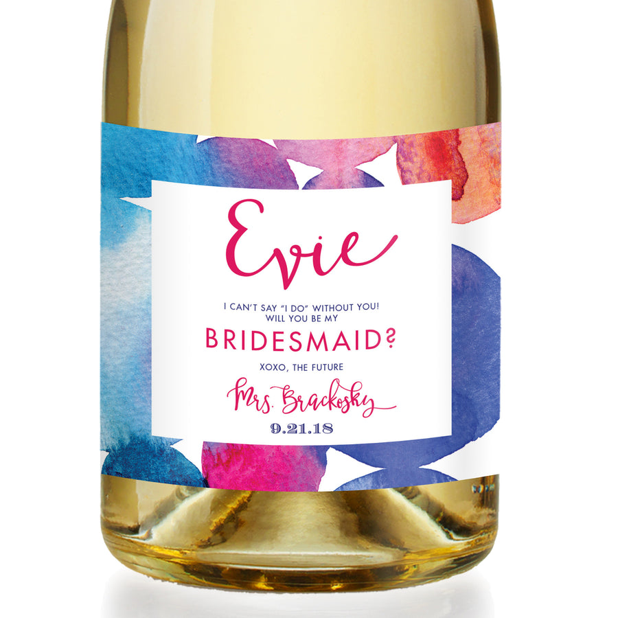 "Evie" Rainbow Watercolor Bridesmaid Proposal Champagne Labels