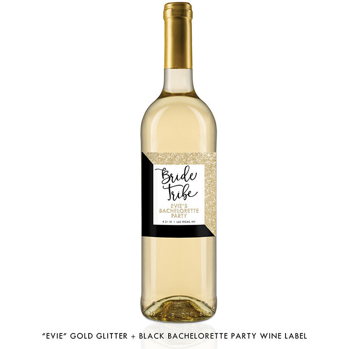 "Evie" Gold Glitter + Black Bachelorette Party Wine Labels