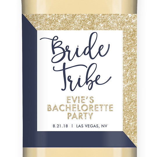 "Evie" Gold Glitter + Navy Bride Tribe Bachelorette Party Wine Labels