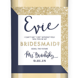 "Evie" Gold Glitter + Navy Bridesmaid Proposal Wine Labels