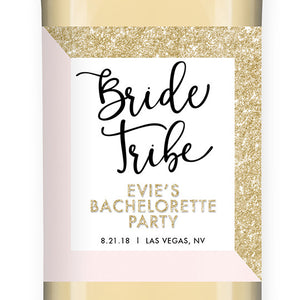 "Evie" Gold Glitter + Pink Bride Tribe Bachelorette Party Wine Labels
