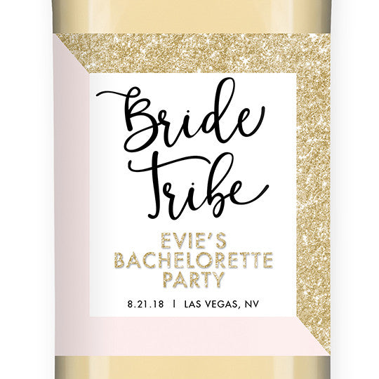 "Evie" Gold Glitter + Pink Bride Tribe Bachelorette Party Wine Labels