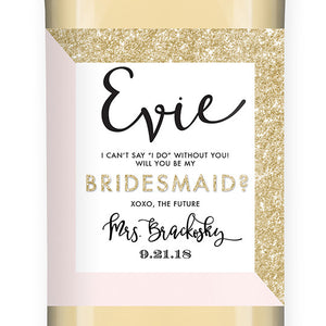 "Evie" Gold Glitter + Pink Bridesmaid Proposal Wine Labels