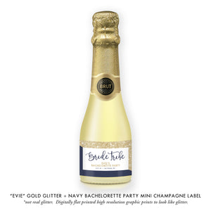 "Evie" Gold Glitter + Navy Bachelorette Party Champagne Labels