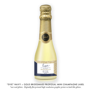 "Evie" Gold Glitter + Navy Bridesmaid Proposal Champagne Labels