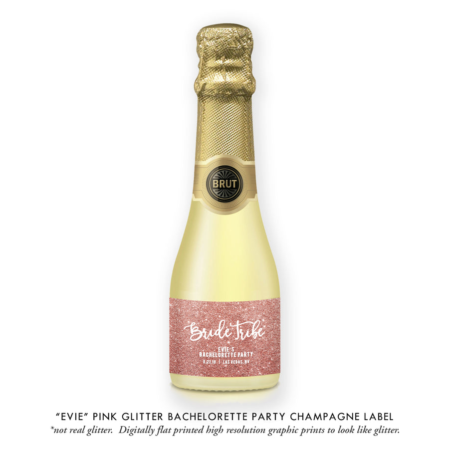 "Evie" Pink Glitter Bachelorette Party Champagne Labels