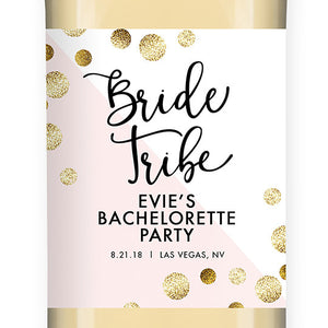 "Evie" Pink + Gold Dots Bride Tribe Bachelorette Party Wine Labels