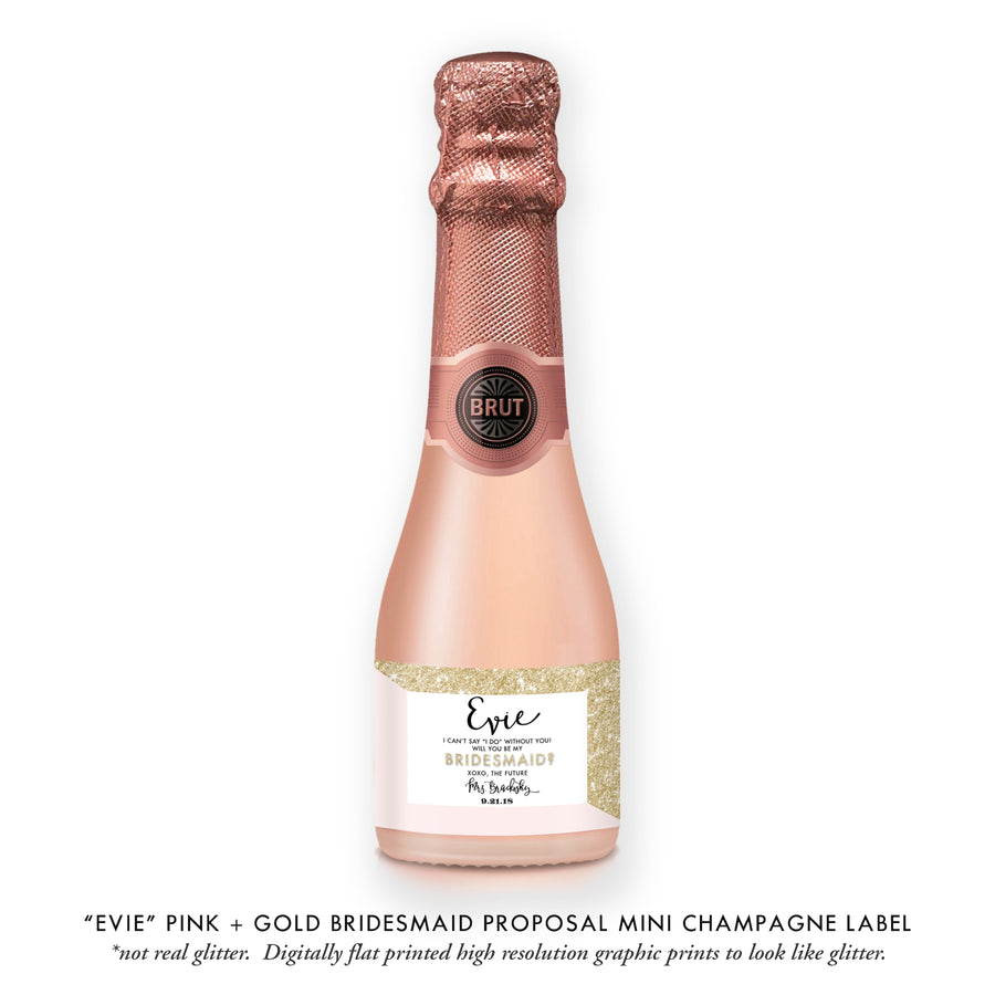 "Evie" Gold Glitter + Pink Bridesmaid Proposal Champagne Labels