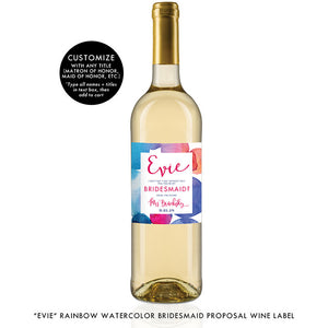 "Evie" Rainbow Watercolor Bridesmaid Proposal Wine Labels