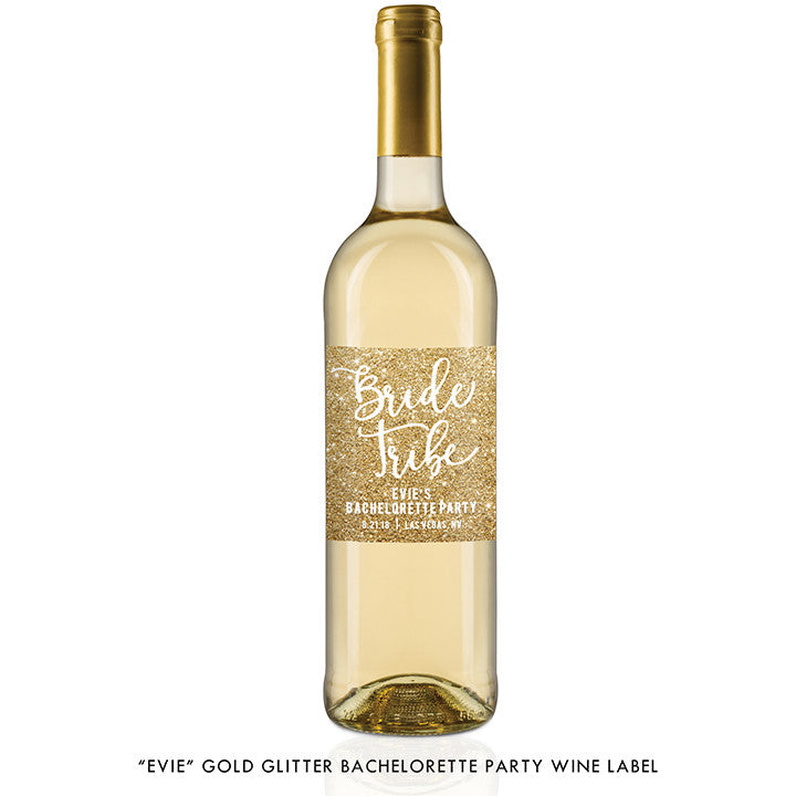 "Evie" Gold Glitter Bride Tribe Bachelorette Party Wine Labels