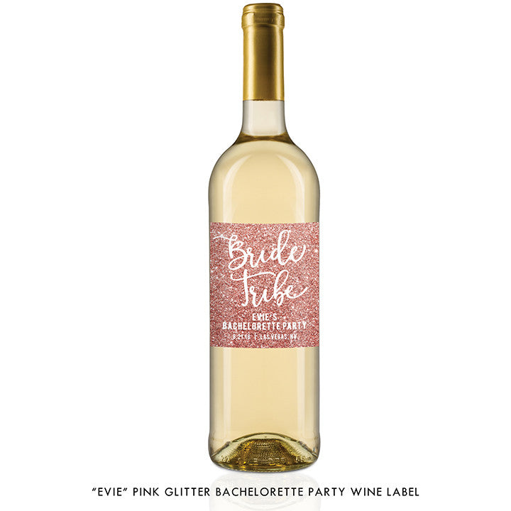 "Evie" Pink Glitter Bride Tribe Bachelorette Party Wine Labels
