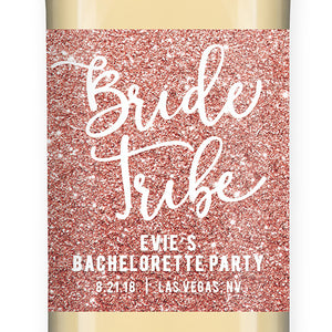 "Evie" Pink Glitter Bride Tribe Bachelorette Party Wine Labels
