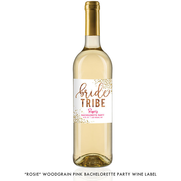 "Rosie" Woodgrain Pink Bachelorette Party Wine Labels