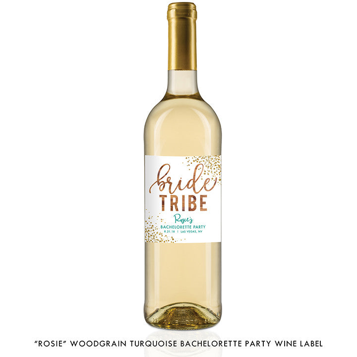 "Rosie" Woodgrain Turquoise Bachelorette Party Wine Labels