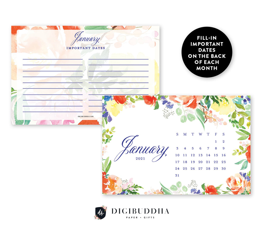 2021 Bright Watercolor Floral Desk Calendar by Digibuddha | Coll. 9