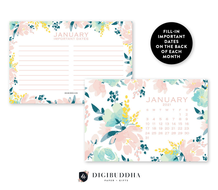2021 Pink & Mint Floral Desk Calendar by Digibuddha | Coll. 24