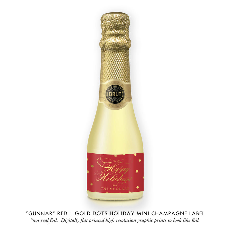 "Gunnar" Red + Gold Dots Holiday Champagne Labels