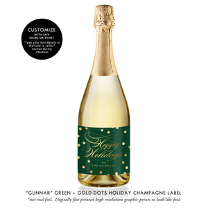 "Gunnar" Green + Gold Dots Holiday Champagne Labels