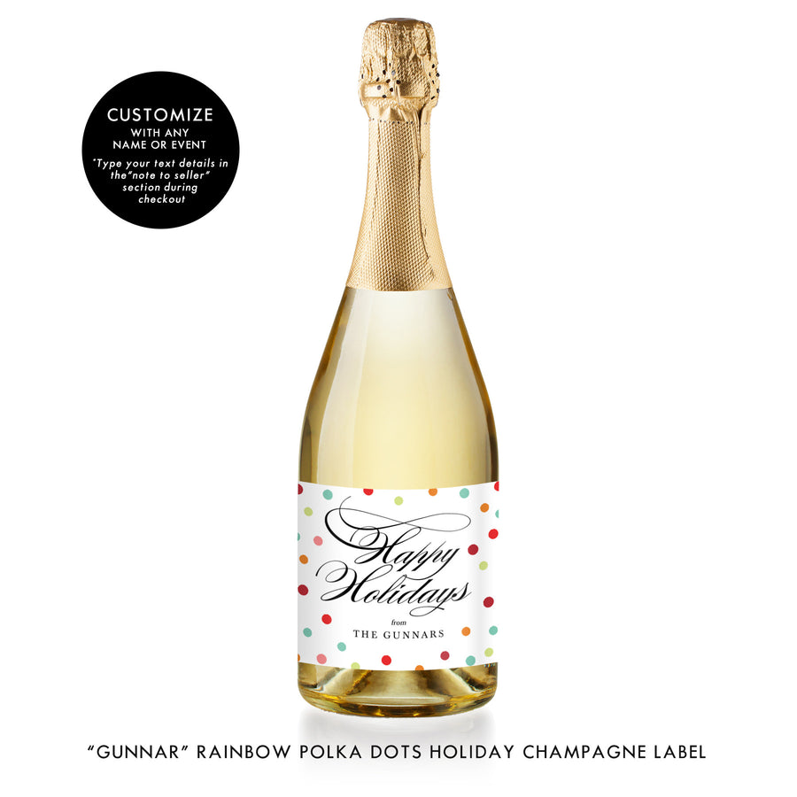 "Gunnar" Rainbow Polka Dots Holiday Champagne Labels