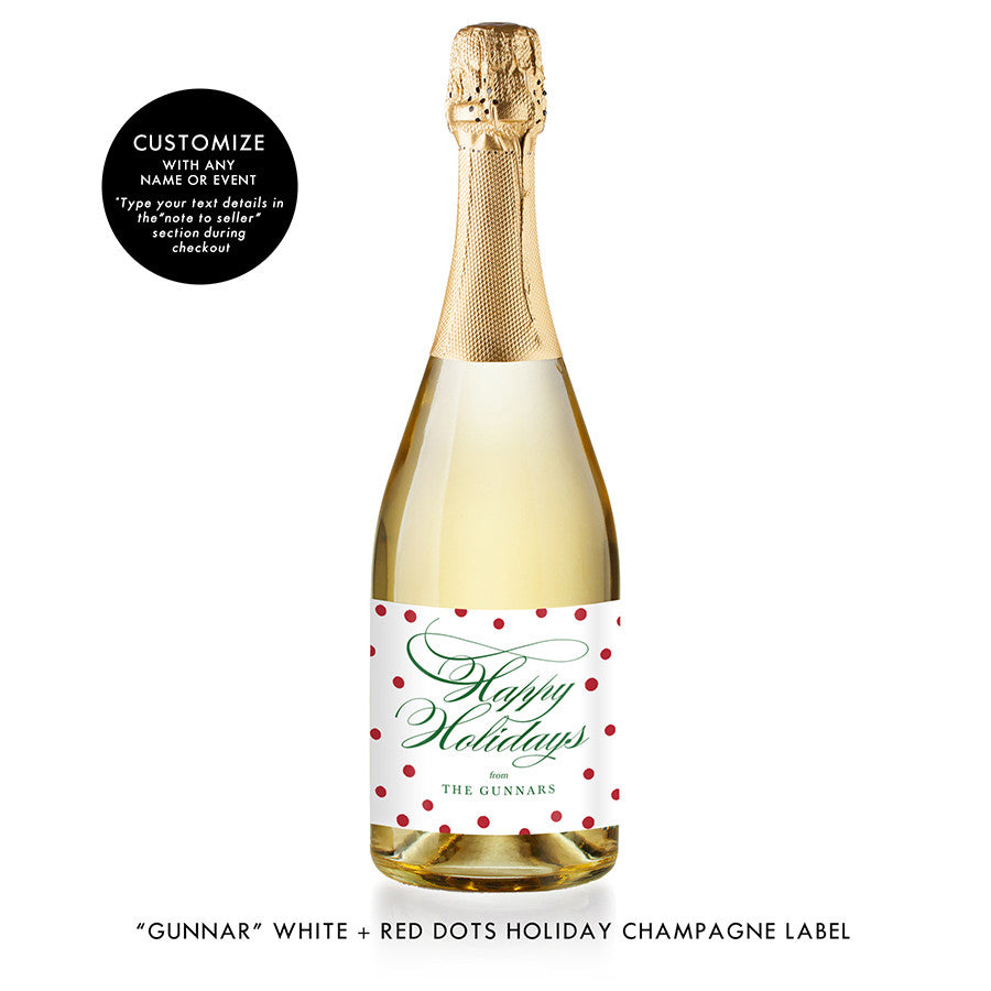 "Gunnar" White + Red Dots Holiday Champagne Labels