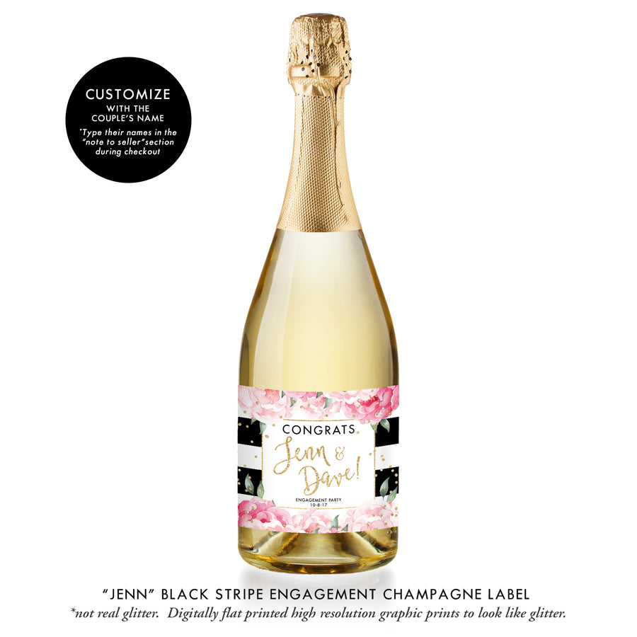 "Jenn" Black Stripe Engagement Champagne Labels