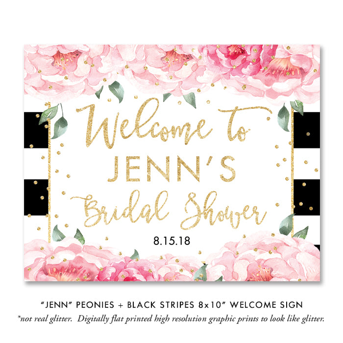 Classic Black Stripe and Peonies Bridal Shower Invitations featuring elegant black and white stripes & blooming pink peonies