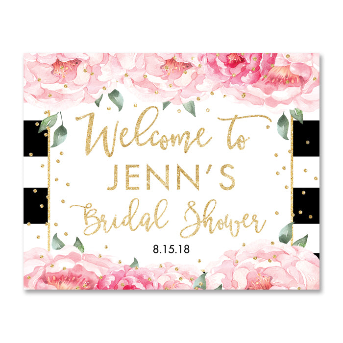 "Jenn" Peonies + Black Stripe Bridal Shower Welcome Sign