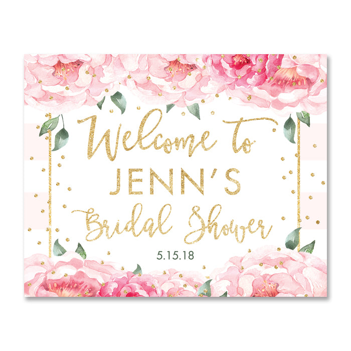 "Jenn" Peonies + Blush Stripe Bridal Shower Welcome Sign