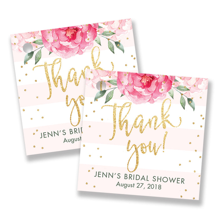 "Jenn" Peonies + Blush Pink Stripe Bridal Shower Favor Tags