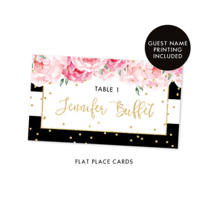Black Stripe Place Cards with Floral | Jenn