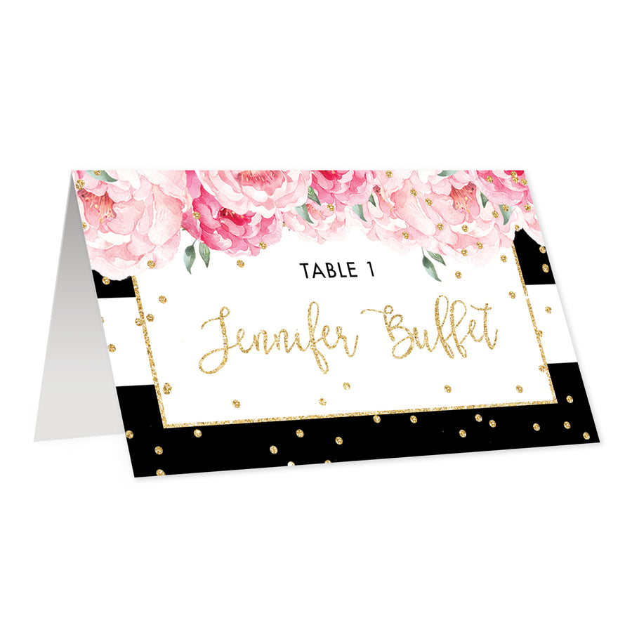 Black Stripe Place Cards with Floral | Jenn