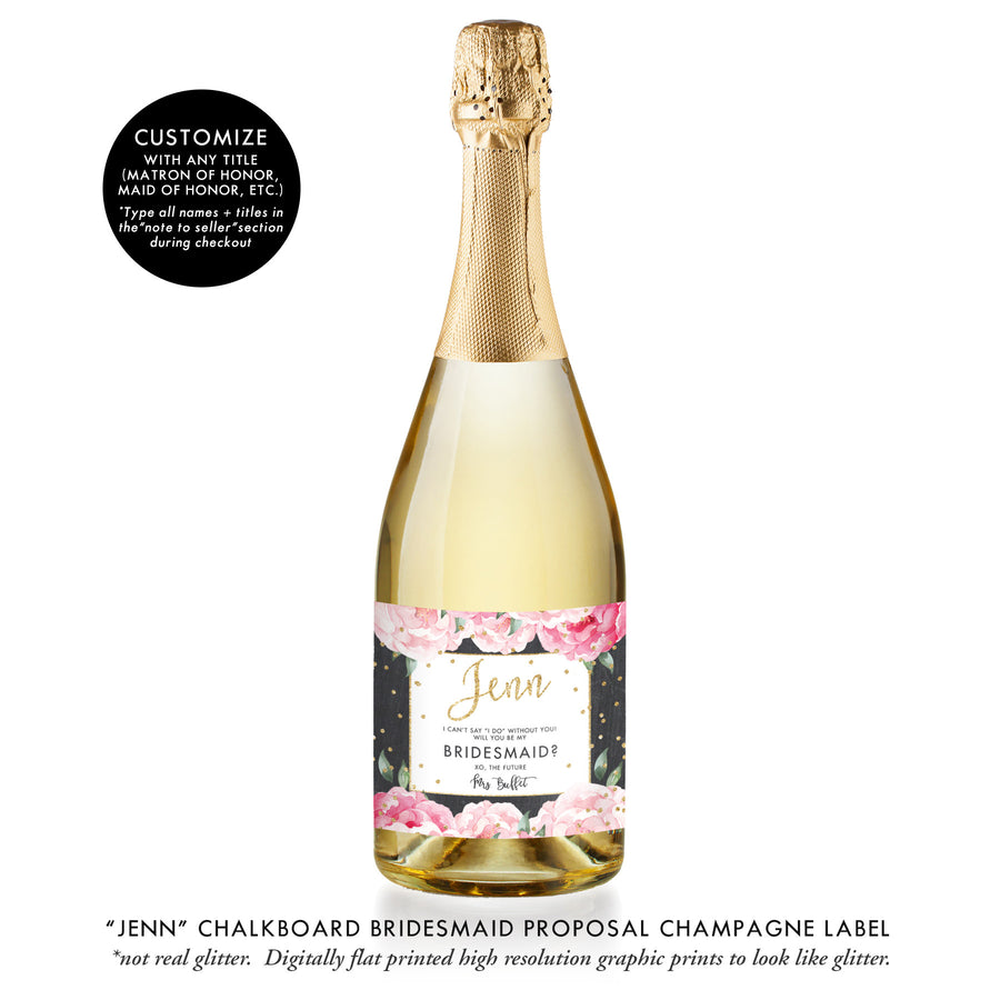 "Jenn" Chalkboard Bridesmaid Proposal Champagne Labels