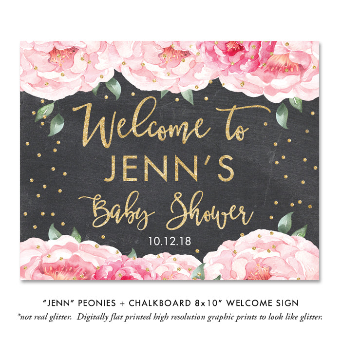 "Jenn" Pink Blooms + Chalkboard Baby Shower Invitation