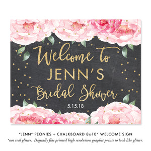 Elegant pink bloom and chalkboard bridal shower invite with blush peonies and chic design, by Digibuddha.