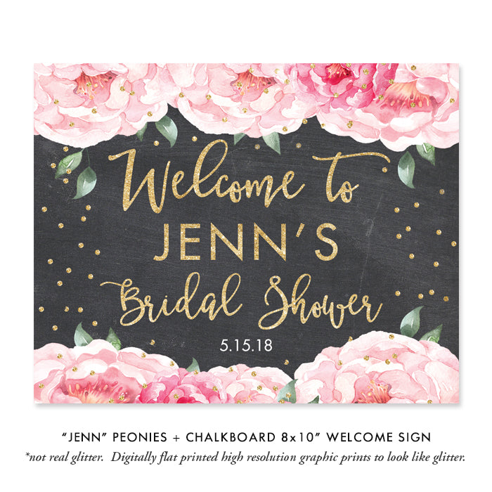 Elegant pink bloom and chalkboard bridal shower invite with blush peonies and chic design, by Digibuddha.