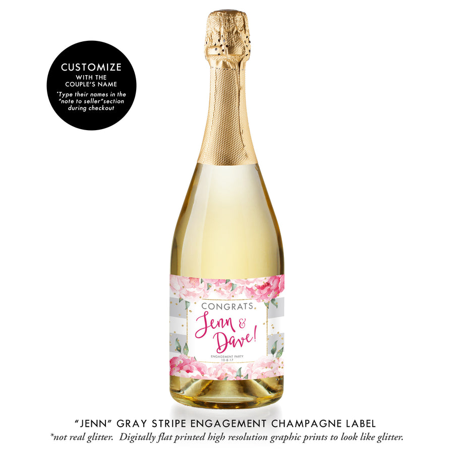 "Jenn" Gray Stripe Engagement Champagne Labels