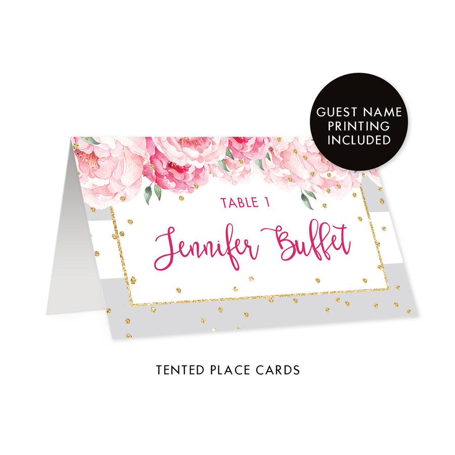 Grey Stripe Place Cards with Floral | Jenn