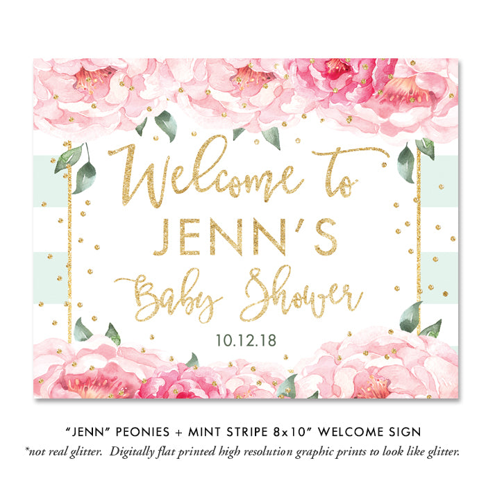"Jenn" Peonies + Mint Stripe Baby Shower Invitation
