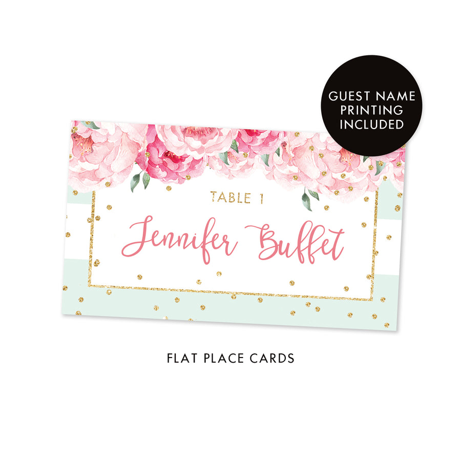 Mint Stripe Place Cards with Floral | Jenn
