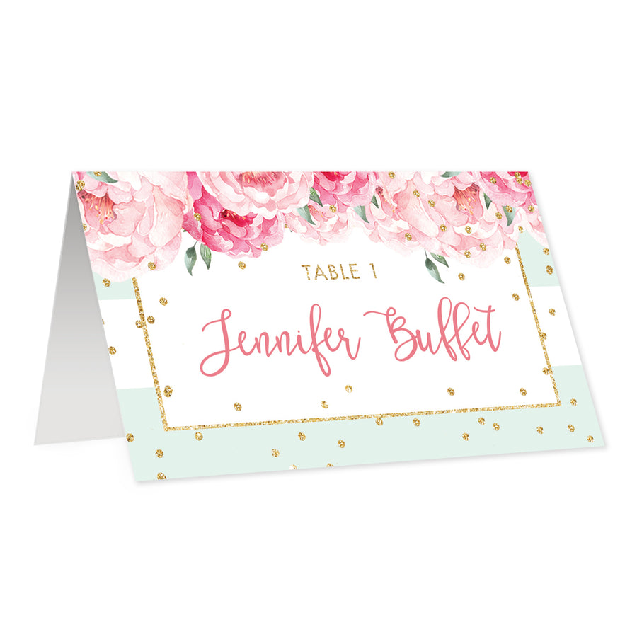Mint Stripe Place Cards with Floral | Jenn