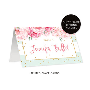 Mint Stripe Place Cards with Floral | Jenn