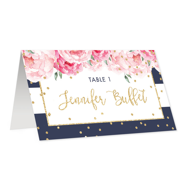 Navy Stripe Place Cards with Floral | Jenn