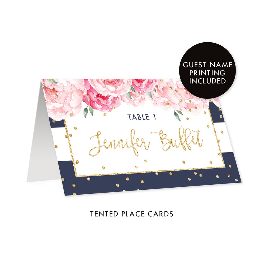 Navy Stripe Place Cards with Floral | Jenn