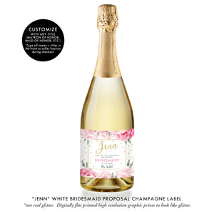 "Jenn" White Bridesmaid Proposal Champagne Labels