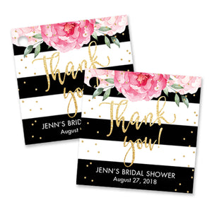 "Jenn" Peonies + Black Stripe Bridal Shower Favor Tags