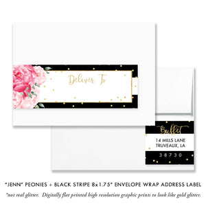 "Jenn" Peonies + Black Stripe Envelope Wrap Address Labels
