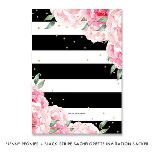 "Jenn" Peonies + Black Stripe Bachelorette Invitation