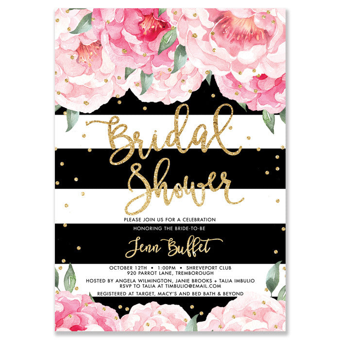 Classic Black Stripe and Peonies Bridal Shower Invitations featuring elegant black and white stripes & blooming pink peonies